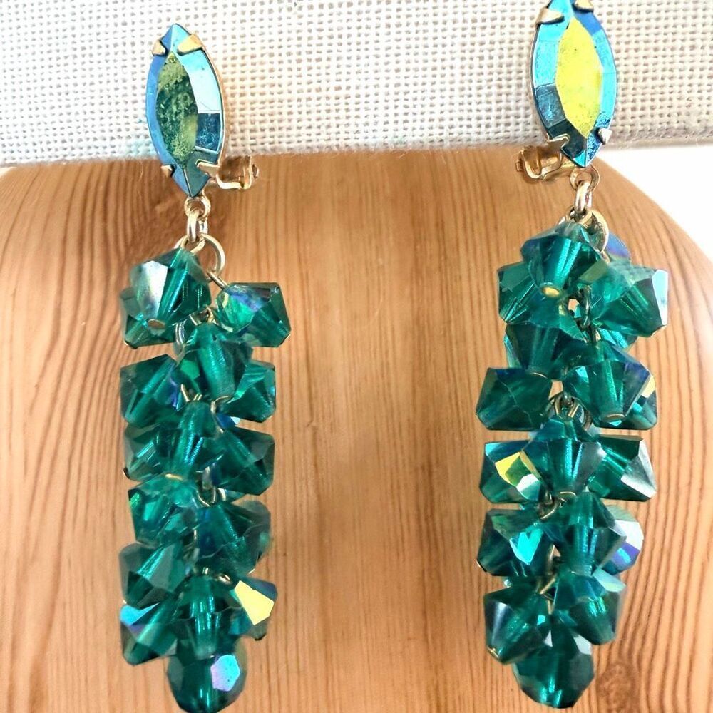 Lewis Segal California Vintage Green Aurora Borealis Crystal Clip-On Earrings